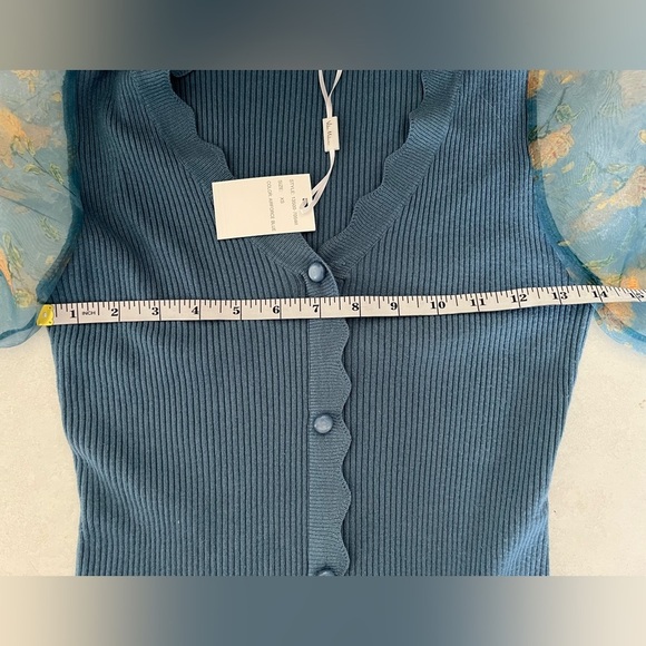 NWT Vila Milano/ Sweater/ Airforce Blue/ Sheer Floral Bubble Sleeves/ Size US XS - Picture 11 of 14